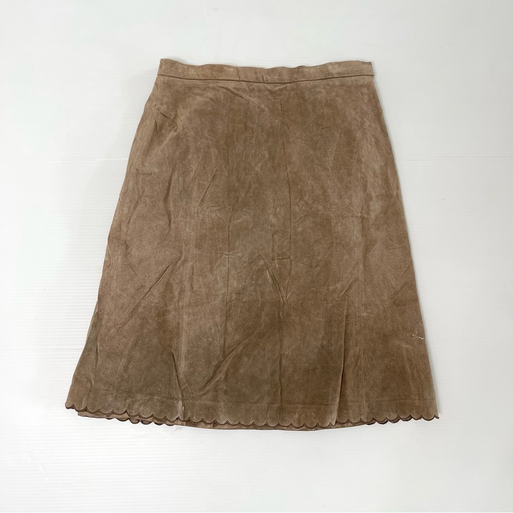 NEW Vintage Terry Lewis Classic Lux Tan 100% Leather Suede Scallop Midi Skirt
